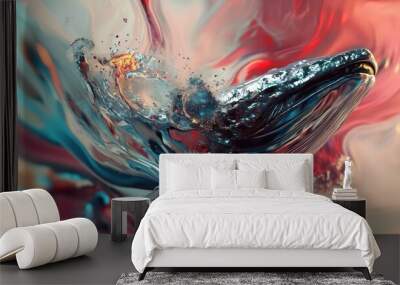 A stylized depiction of a whale swimming through colorful, swirling water. Wall mural