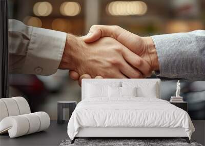 After finalizing a new car deal, salespeople and a customer shake hands in close-up. Wall mural