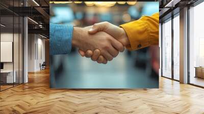 After finalizing a new car deal, salespeople and a customer shake hands in close-up. Wall mural