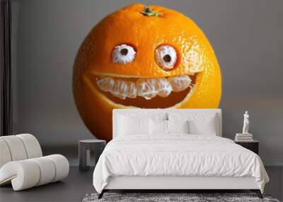 An orange with a playful face made from its peel and fruit segments. Wall mural