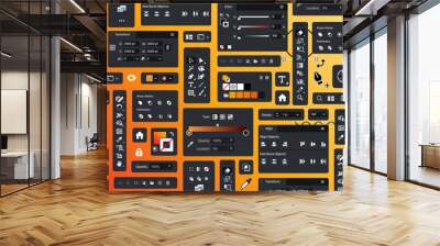 Background of vector processing tools. Tool Blocks. Graphic editor. Designer UX UI bg. Set of icon panels and tools for designers. Set of design theme items. Buttons and icons. Toolbar Wall mural