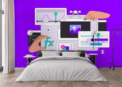 Motion Design Layout vector illustration with Hands. Dashboard for creating Video Effects Wall mural