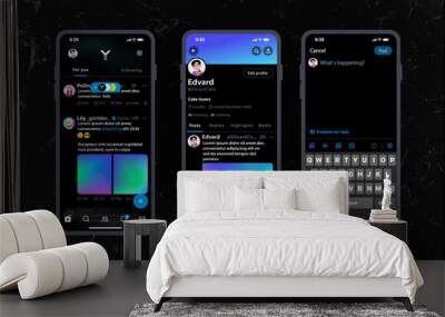 Online Social Media and Networking service. Dark Mobile App for posting text images. Mockup screen Interface template. New Dark Theme Application for short messages Wall mural