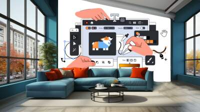 Ui Design Layout illustration with Hands. Tools for professional Digital Art in Vector Graphics Editing. Big Designer Dashboard Wall mural