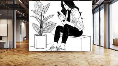 Black and white drawing of a girl holding a smartphone Wall mural