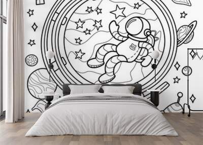 Coloring antistress page for adults 
and children. The universe around the globe, space objects, space in the globe with an astronaut Wall mural