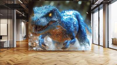 This HD wallpaper showcases a blue dinosaur illustration of a raptor from Jurassic Park and Jurassic World. Wall mural