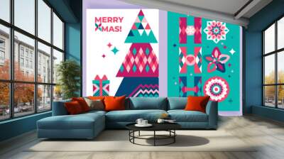 Beautiful set of christmas greeting cards with decorative tree, lettering hohoho, 2025 and decorations. New Year card with creative bright holiday symbols. Poster, banner, cover, invitation Wall mural