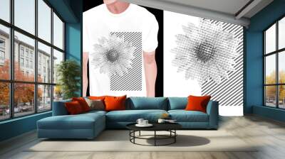 t-shirt print design, vector illustration of sunflower t-shirt design. print design painting for t-shirt apparel clothing print. white black yellow green orange red color dot effect print design. Wall mural