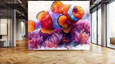 A vibrant clownfish swimming among colorful sea anemones, showcasing its bright orange and white stripes. Wall mural