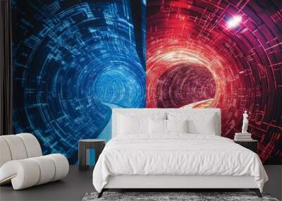 Time travel tunnel with control panel, time machine imagination, two buttons leading to the future and past separately, concept of relativity and spacetime, physics and fiction, technology and life Wall mural