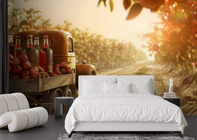 Cargo truck carrying bottles with pomegranate juice in an orchard with sunset. Concept of food and drink production, transportation, cargo and shipping. Wall mural