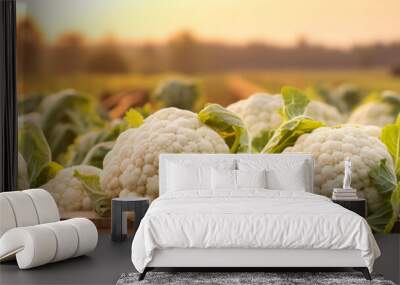 Cauliflower harvested in a wooden box with field and sunset in the background. Natural organic fruit abundance. Agriculture, healthy and natural food concept. Horizontal composition, banner. Wall mural