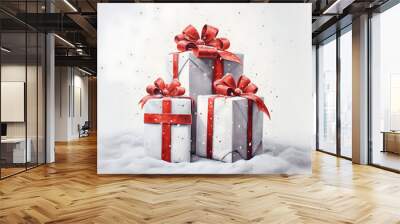 Christmas gift group with red ribbon on snow covered surface, snowfall and abstract background with snowflakes. Wall mural