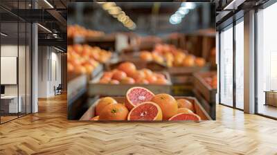 Grapefruits harvested in wooden boxes in a warehouse. Natural organic fruit abundance. Healthy and natural food storing and shipping concept. Wall mural