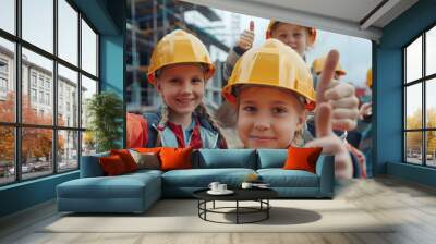 Group of children doing their dream job as Civil Engineers at the construction site with crane and building in the background. Concept of Creativity, Happiness, Dream come true and Teamwork. Wall mural