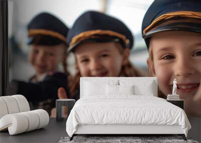 Group of children doing their dream job as Pilots standing in the airport next to the airplane. Concept of Creativity, Happiness, Dream come true and Teamwork. Wall mural