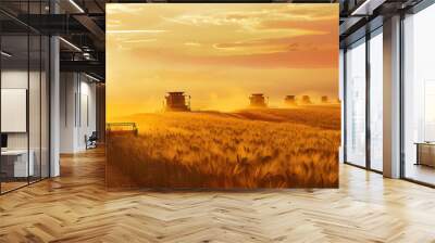 Group of harvesters harvesting ripe wheat field in autumn with sunset. Concept of agriculture, agronomy and crop collection. Wall mural