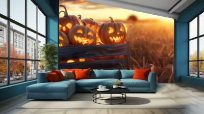 Group of shining carved Halloween pumpkins lying in the wooden box on a harvested field in autumn with sunset. Concept of Halloween celebration, Trick or Treat and season. Wall mural