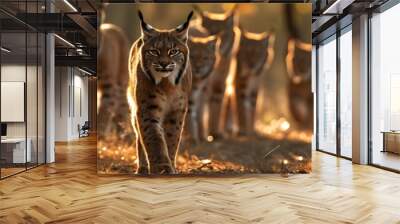 Lynx family in the forest clearing in summer evening with setting sun. Group of wild animals in nature. Horizontal, banner. Wall mural