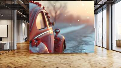 Red decorated vintage car in motion carrying Valentine's hearts in a winter countryside with snow cover in sunset backlight. Horizontal, banner. Wall mural