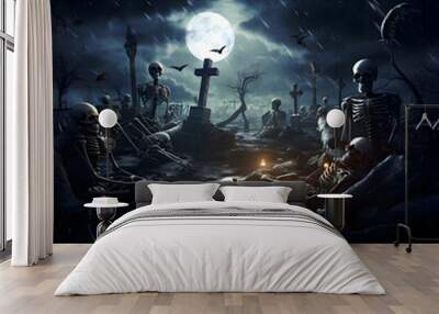 Skeleton getting up from the graves in a graveyard at midnight with flying bats, dark clouds and full moon shining. Wall mural