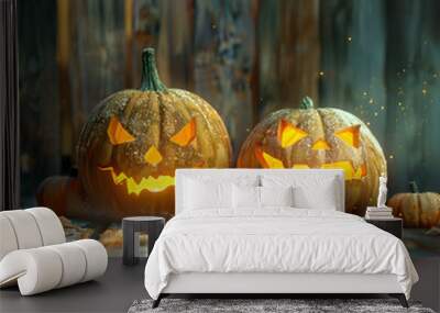 Still life with two shining carved Halloween pumpkins on wooden board surface and background. Concept of Halloween celebration, Trick or Treat and season. Wall mural