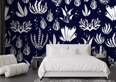 Seamless pattern hand drawn  sea palnt. Vector white illustration on dark blue background Wall mural