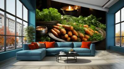 Fresh carrot with green leaves, generative IA Wall mural