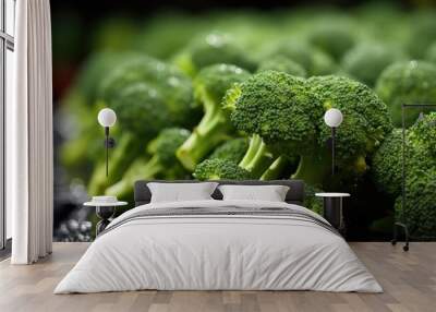 Mature and fresh broccoli close up. Healthy green organic crus broccoli buttons,, generative IA Wall mural