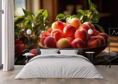 Organic peaches of superior view in a bowl, generative IA Wall mural