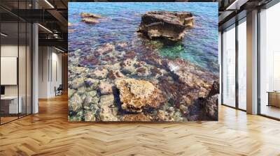 Top view of clear blue water and stones by the sea in Cyprus Wall mural