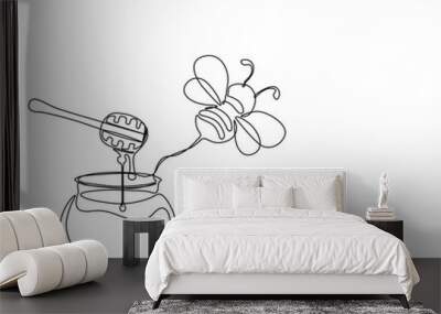 Continuous one line drawing of honey pot and flying bee. Simple illustration of honey bee on the glass jar line art vector illustration. Wall mural