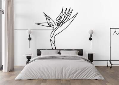 Exotic Strelitzia flower in one line art drawing style. Bird of paradise flower minimalist black line sketch on white background. Vector illustration, Exotic flower continuous line illustration. Wall mural