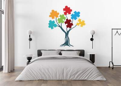 Tree with colorful puzzle leaf creative logo template Wall mural