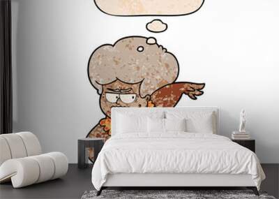 cartoon angry old woman and thought bubble in grunge texture pattern style Wall mural