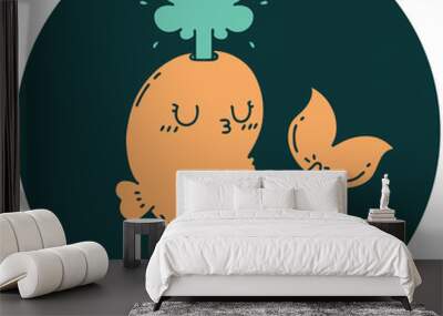 icon of tattoo style happy squirting whale character Wall mural