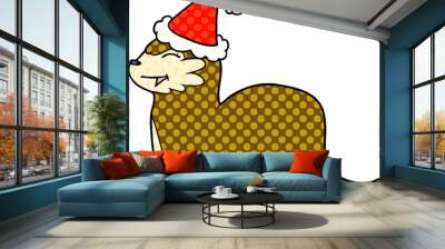 laughing otter hand drawn comic book style illustration of a wearing santa hat Wall mural