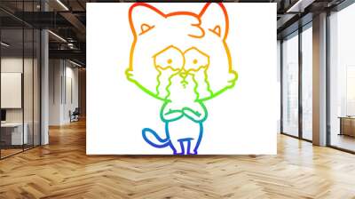 rainbow gradient line drawing cartoon crying cat Wall mural