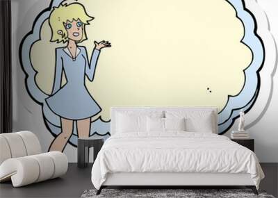 sticker of a cartoon friendly woman with cloud text space Wall mural