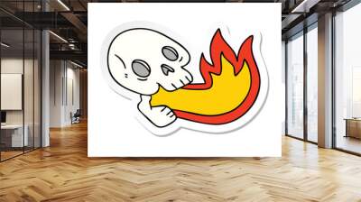 sticker of a fire breathing quirky hand drawn cartoon skull Wall mural