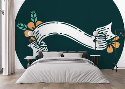 tattoo style icon of a banner and flowers Wall mural