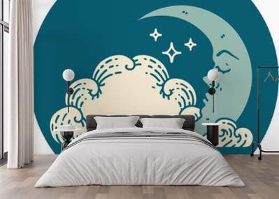 tattoo style icon of a crescent moon and clouds Wall mural