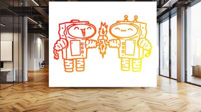 warm gradient line drawing cartoon robots connecting Wall mural