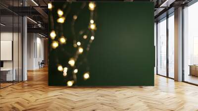 Bright lights of electric garland on green background. Defocused Wall mural