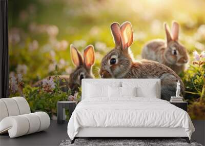 a family of rabbits stands on the green field in the morning. Wall mural