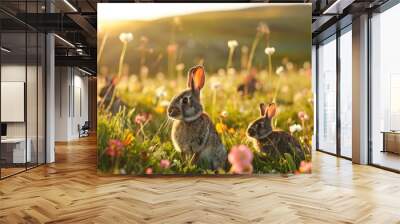 a family of rabbits stands on the green field in the morning. Wall mural