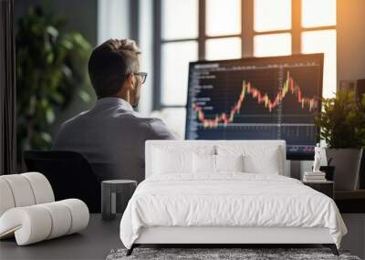 Back shot of a man sitting in a chair. He is looking at a computer screen to work and watch stocks. In the home office Wall mural