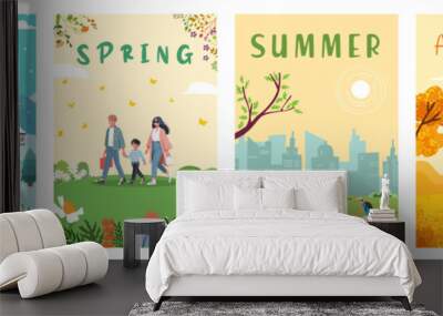 Set of posters for spring, summer, autumn and winter. Illustrations with people and seasonal outdoor activities. Wall mural