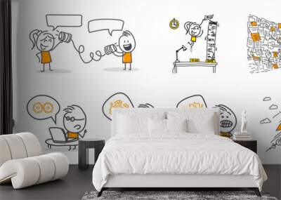 Stick figures. Office people. Isolated on white background. Hand drawn doodle line art cartoon design character. Wall mural